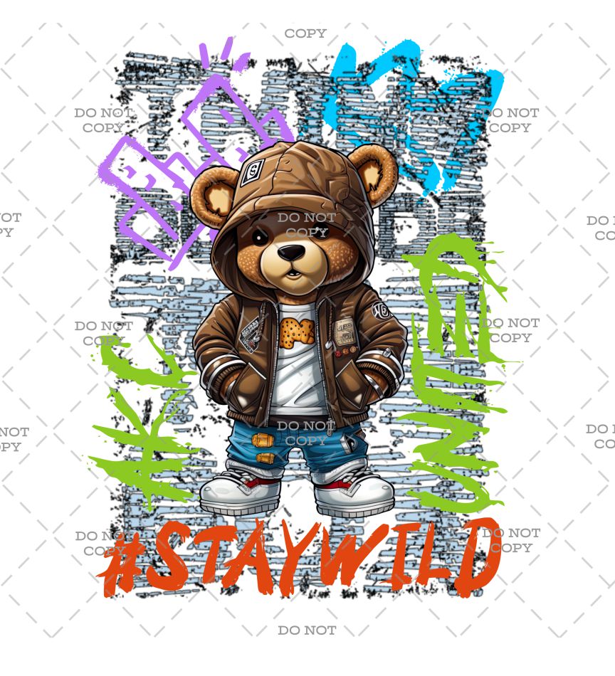 Cartoon bear in a hoodie with '#STAYWILD' text on a stylized background