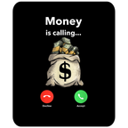 Phone screen with a bag of money and 'Money is calling' text on a black background