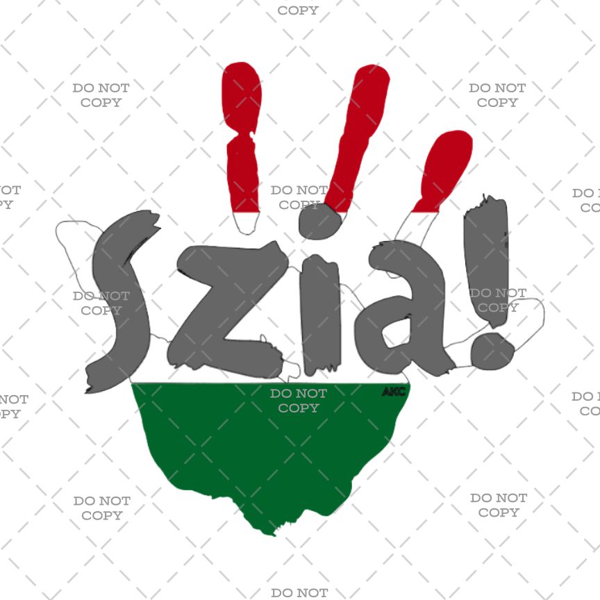 Text 'Szia!' with exclamation marks in red, gray, and green on a white background with 'DO NOT COPY' watermark.