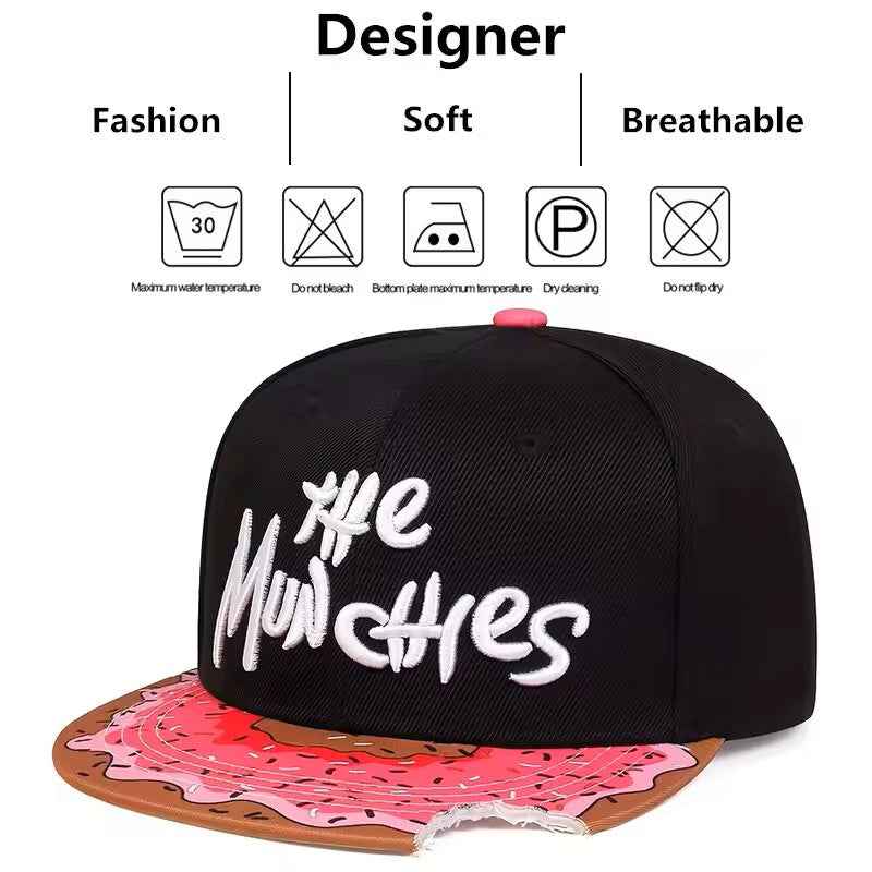 Donut Print Snapback Hat, Black Munchies Flat Brim Cap with Embroidered Logo, Adjustable Hip Hop Style Headwear