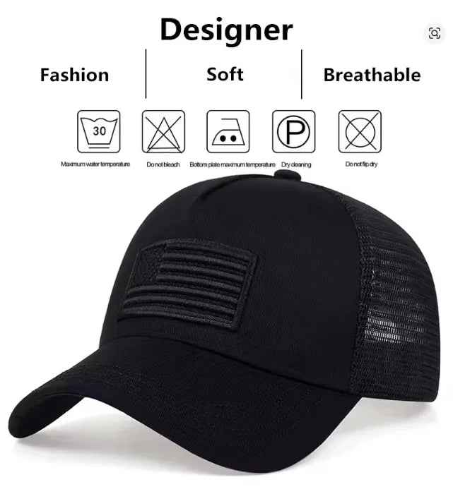 American Flag Trucker Hat Breathable Mesh Baseball Cap Adjustable Low Profile Snapback Hat Black