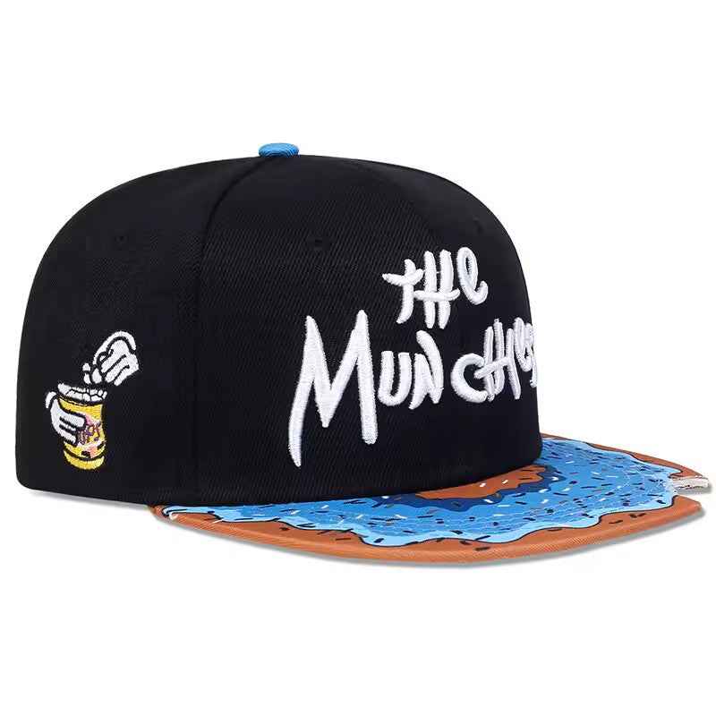 Donut Print Snapback Hat, Black Munchies Flat Brim Cap with Embroidered Logo, Adjustable Hip Hop Style Headwear