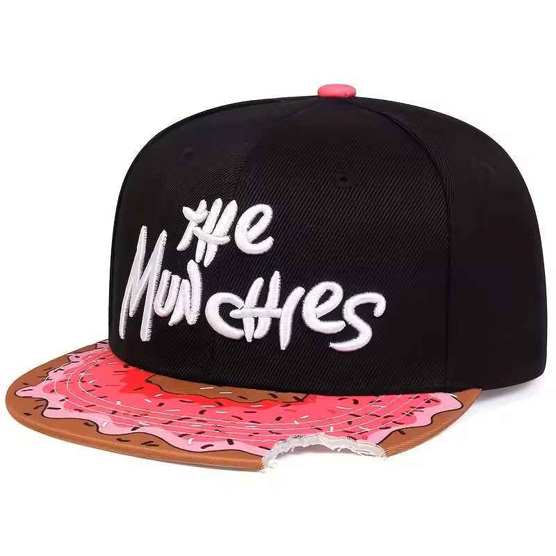Donut Print Snapback Hat, Black Munchies Flat Brim Cap with Embroidered Logo, Adjustable Hip Hop Style Headwear