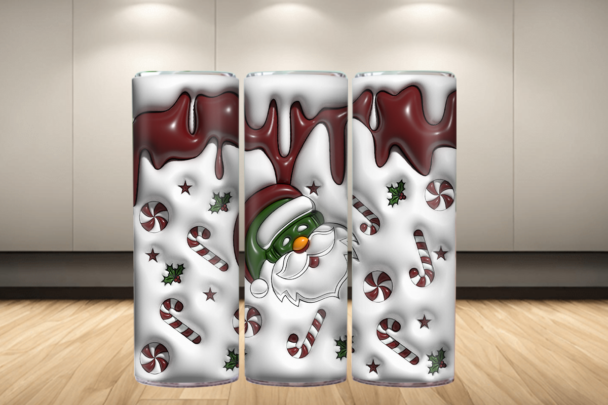 Three vertical panels or signs with a Christmas-themed white background, featuring dark red dripping chocolate, candy canes, holly leaves, stars, and a Santa Claus face, displayed against an indoor wall and wood floor.