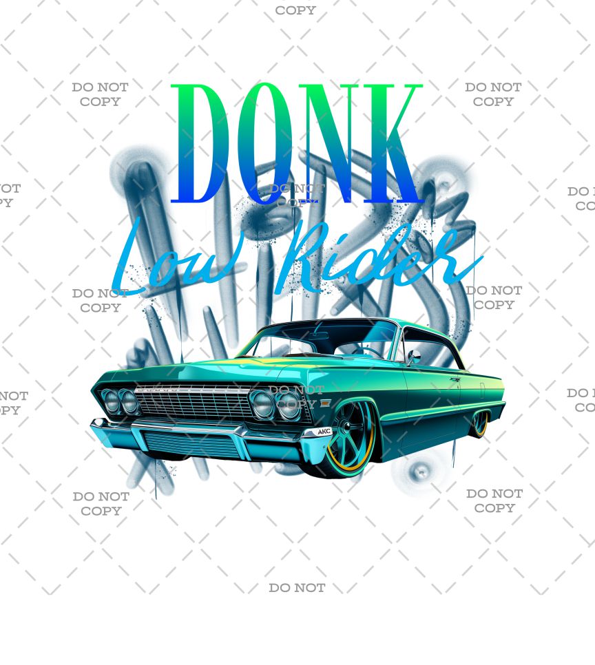 Vintage car with 'Donk Low Riders' text and donut graphic on a white background