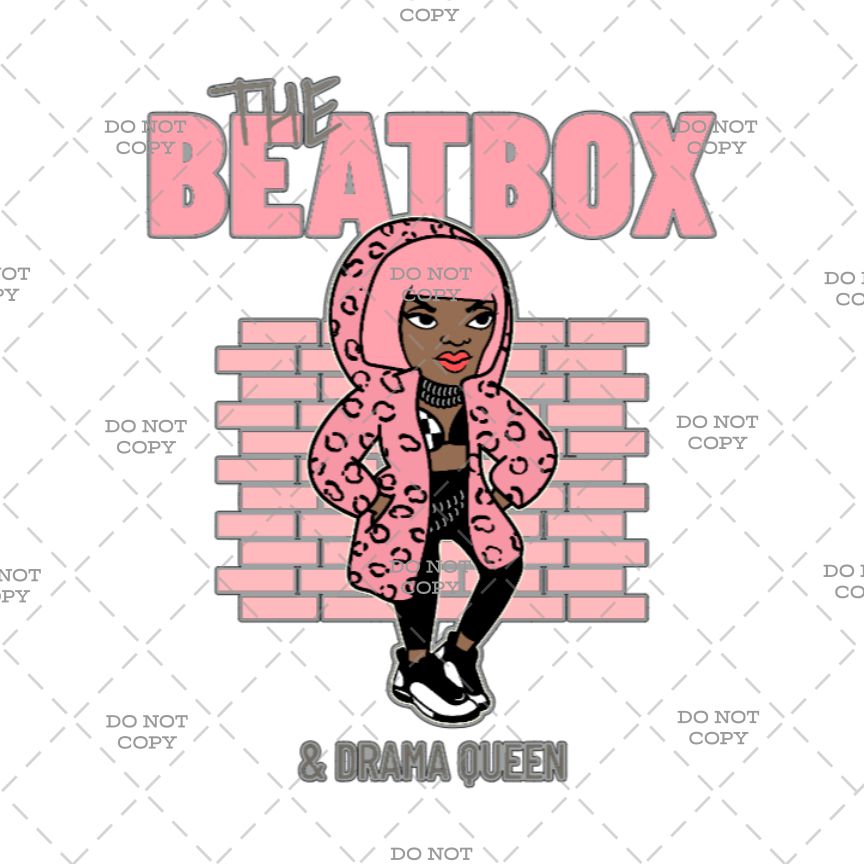 Character in a pink outfit with text 'The Beatbox & Drama Queen' on a patterned background