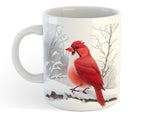 Mug with a red cardinal bird design on a snowy branch