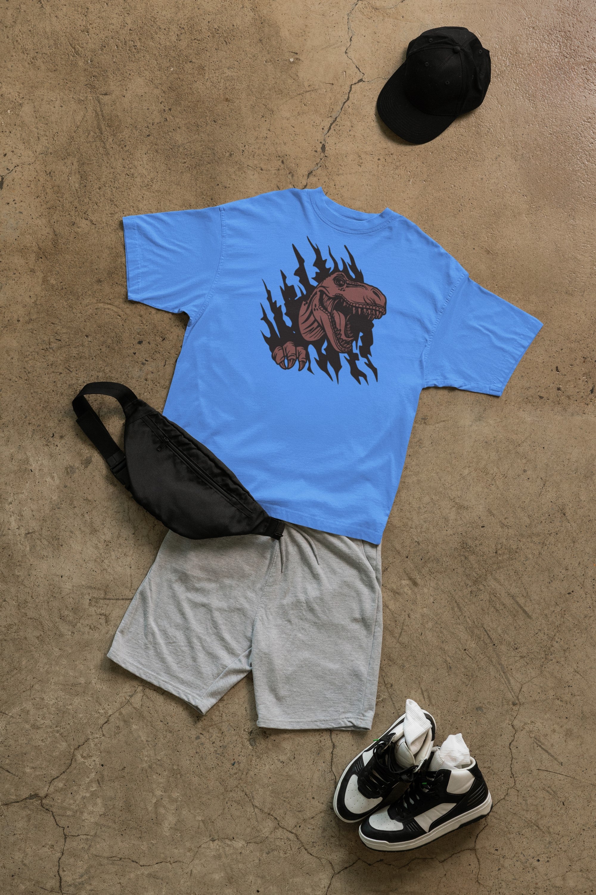 3D T-Rex Breakthrough Graphic T-Shirt, Bright Blue, Short Sleeve, Dinosaur Theme (X-Large)