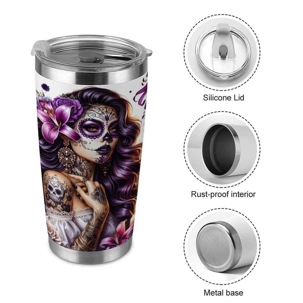 20oz Tumbler with Lid and Straw (Made in USA) Purple Day Of The Dead