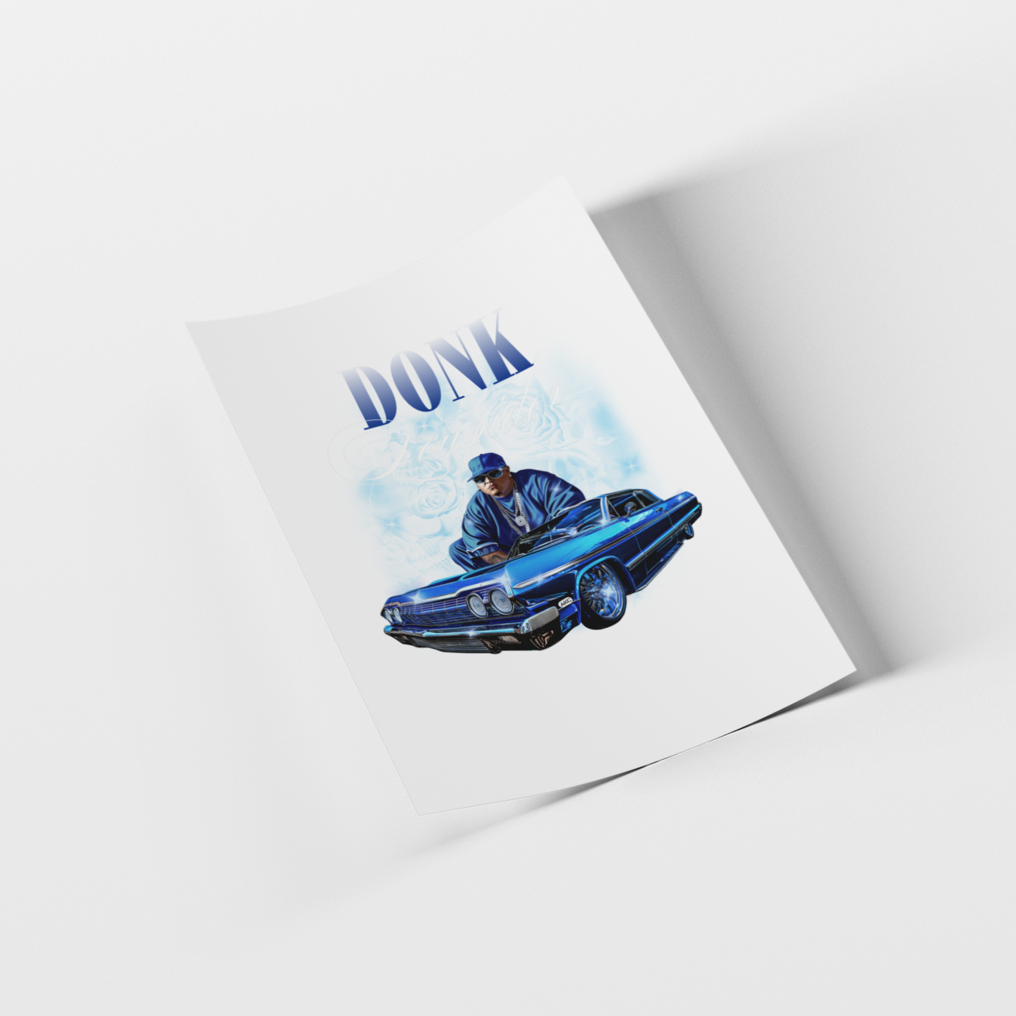 Poster with a blue car and person, featuring the word 'DONK', on a white background.