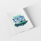 Greeting card with a graphic of a car and 'Don't Mess with Texas' text on a white background