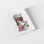 Cartoon money character with a sad face on a white background