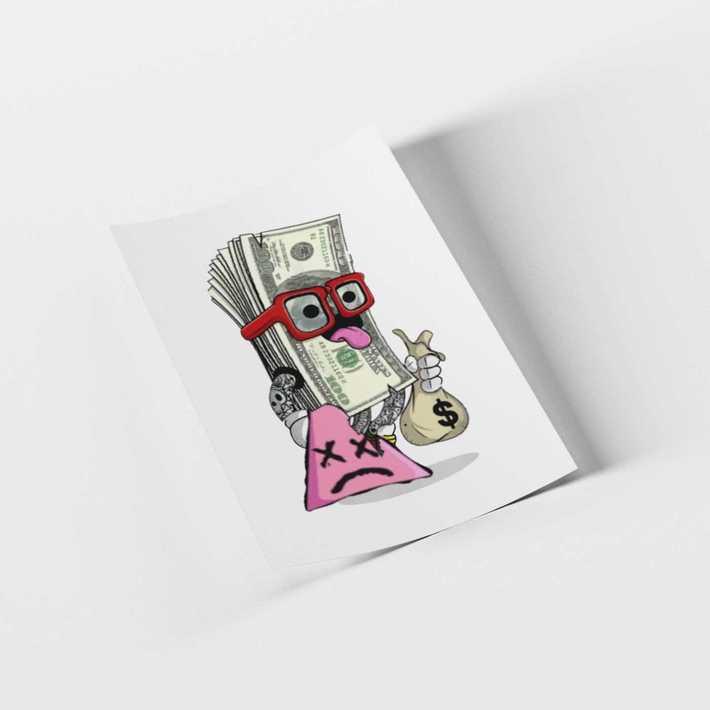 Cartoon money character with a sad face on a white background