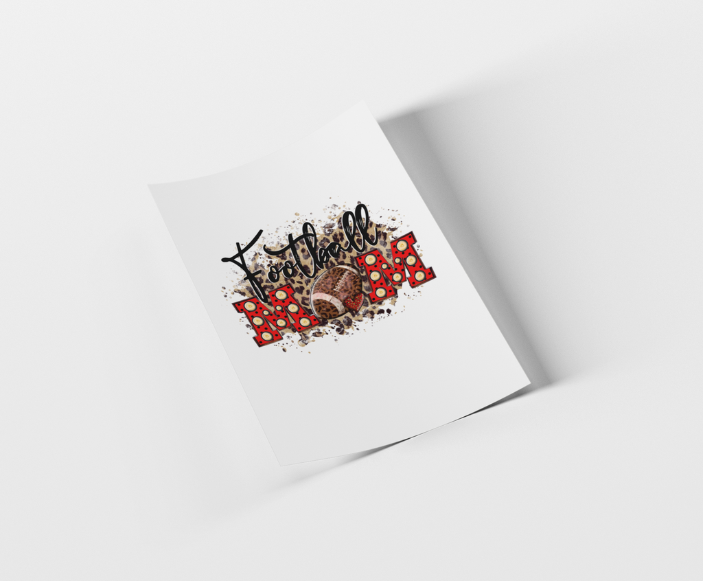 A white square print or card shown at an angle on a light gray background, featuring a football-themed graphic with the word 'Football' in black script over a red-and-white polka dot banner and a brown football.