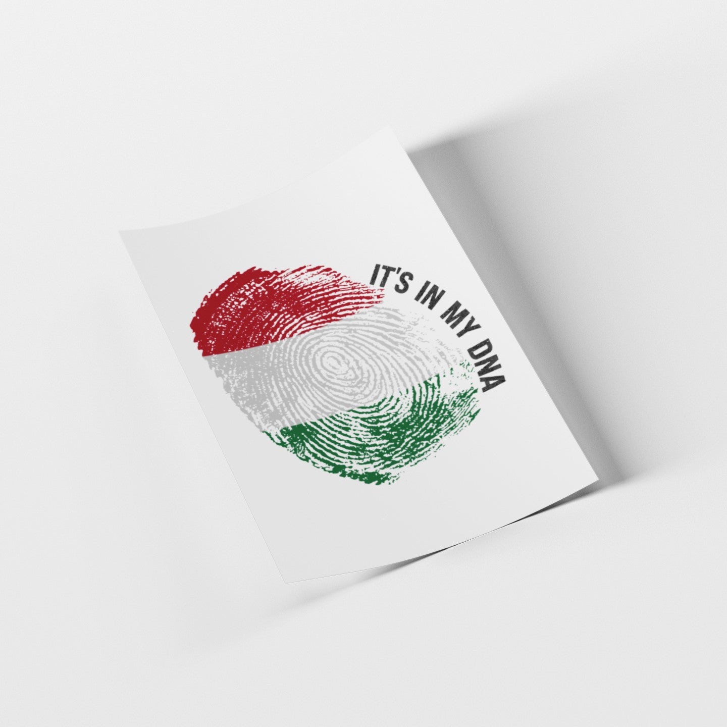 Fingerprint design with red, white, and green colors on a white background with text 'IT'S IN MY DNA'.