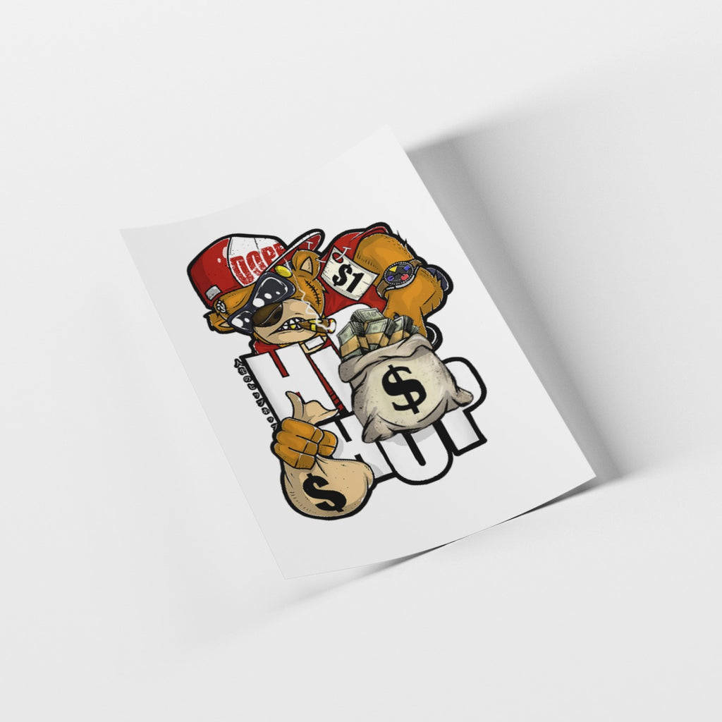 Cartoon character holding a sign with money bag and dollar signs on a white background