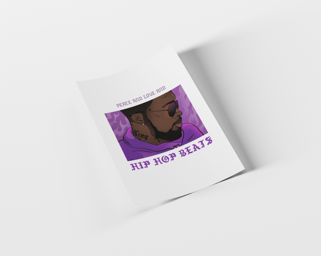 A white art print or poster mockup shown at an angle on a light gray background. The print features a stylized illustration of a man in sunglasses with purple hair and a purple hoodie, with the text 'PEACE AND LOVE RUD' above and 'HIP HOP BEATS' below.