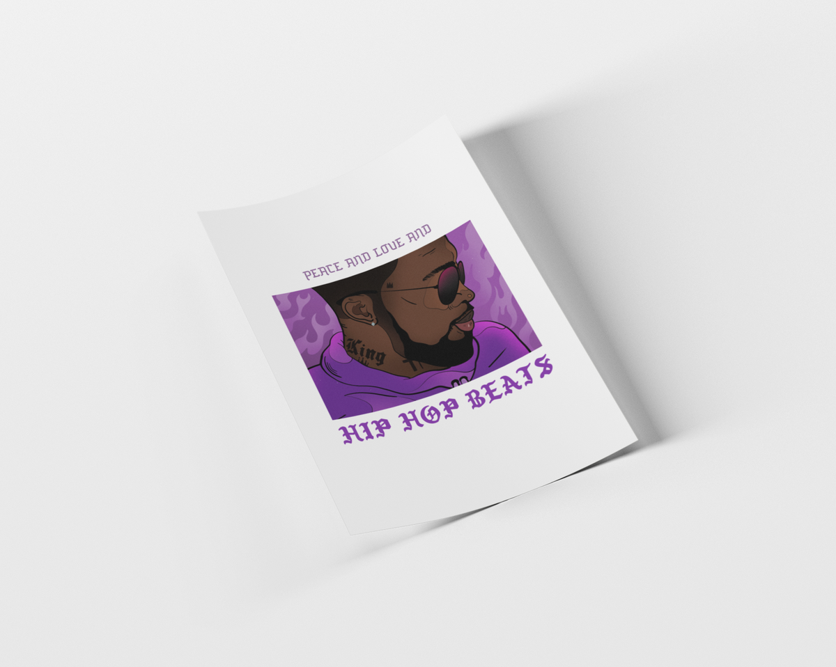 A white art print or poster mockup shown at an angle on a light gray background. The print features a stylized illustration of a man in sunglasses with purple hair and a purple hoodie, with the text 'PEACE AND LOVE RUD' above and 'HIP HOP BEATS' below.