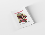 A white art print poster featuring a cartoon popcorn bucket character wearing red and white striped shorts and gold sneakers, with the text 'POP YOUR DAY' and 'keeping up with dreams'. The poster is shown at an angle on a light gray background with a soft drop shadow.