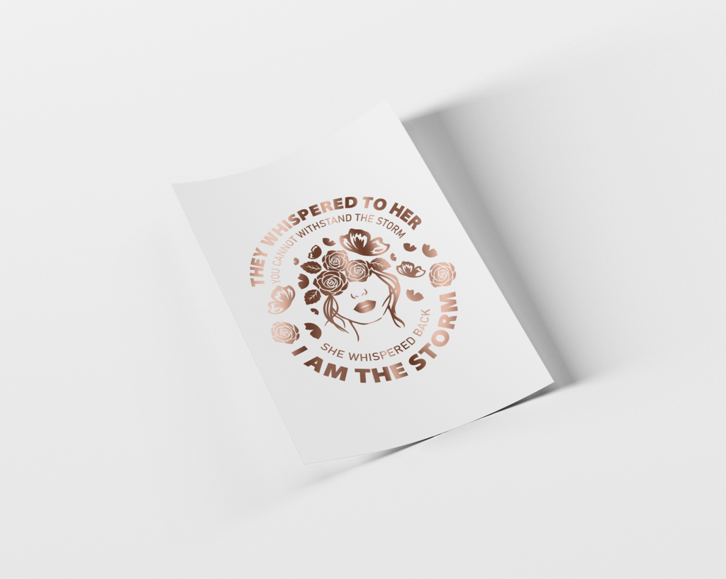 A white poster or card featuring a circular rose-gold graphic with a stylized woman's face, flowers, and the text 'They whispered to her.