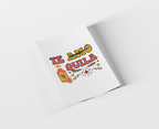 A white rectangular card or print shown at an angle on a light gray background, featuring colorful text that reads 'TE AMO QUILA' with a small illustration of a bottle, drink, flowers, and leaves.