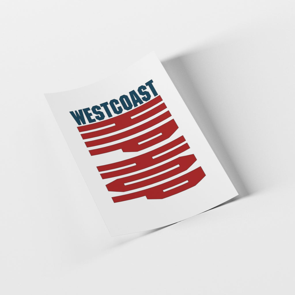 Card with 'Westcoast' text in blue and red design on a white background