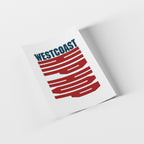 Card with 'Westcoast' text in blue and red design on a white background