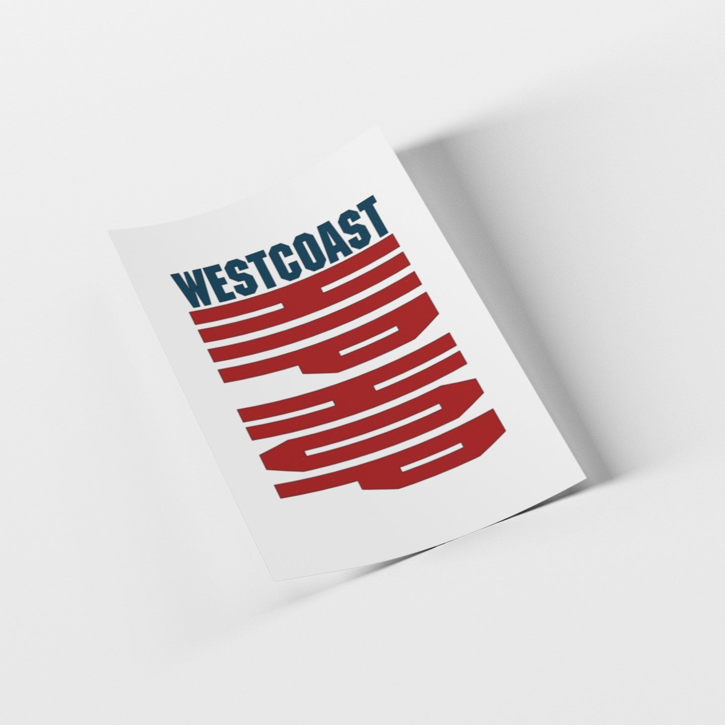 Card with 'Westcoast' text in blue and red design on a white background