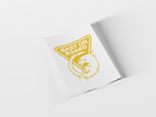 A white rectangular card or sticker with a yellow 'BABY ON BOARD' graphic and a stylized baby illustration, shown standing at an angle on a light gray background.
