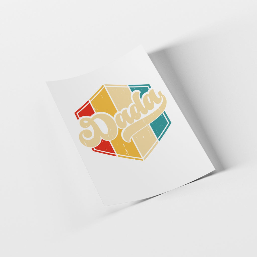Colorful 'Dada' design on a white card with a gray background