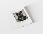 Card with a cat in a mugshot design and text on a white background