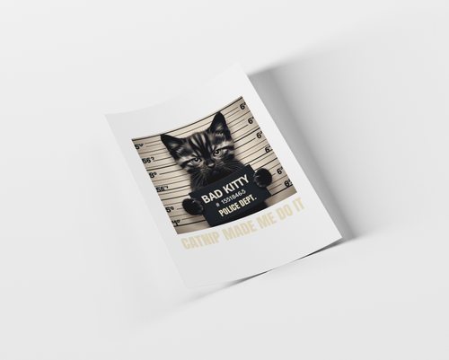 Card with a cat in a mugshot design and text on a white background