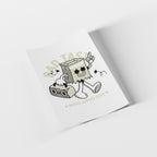Card with a cartoon book character and 'Music Lovers Club' text on a white background