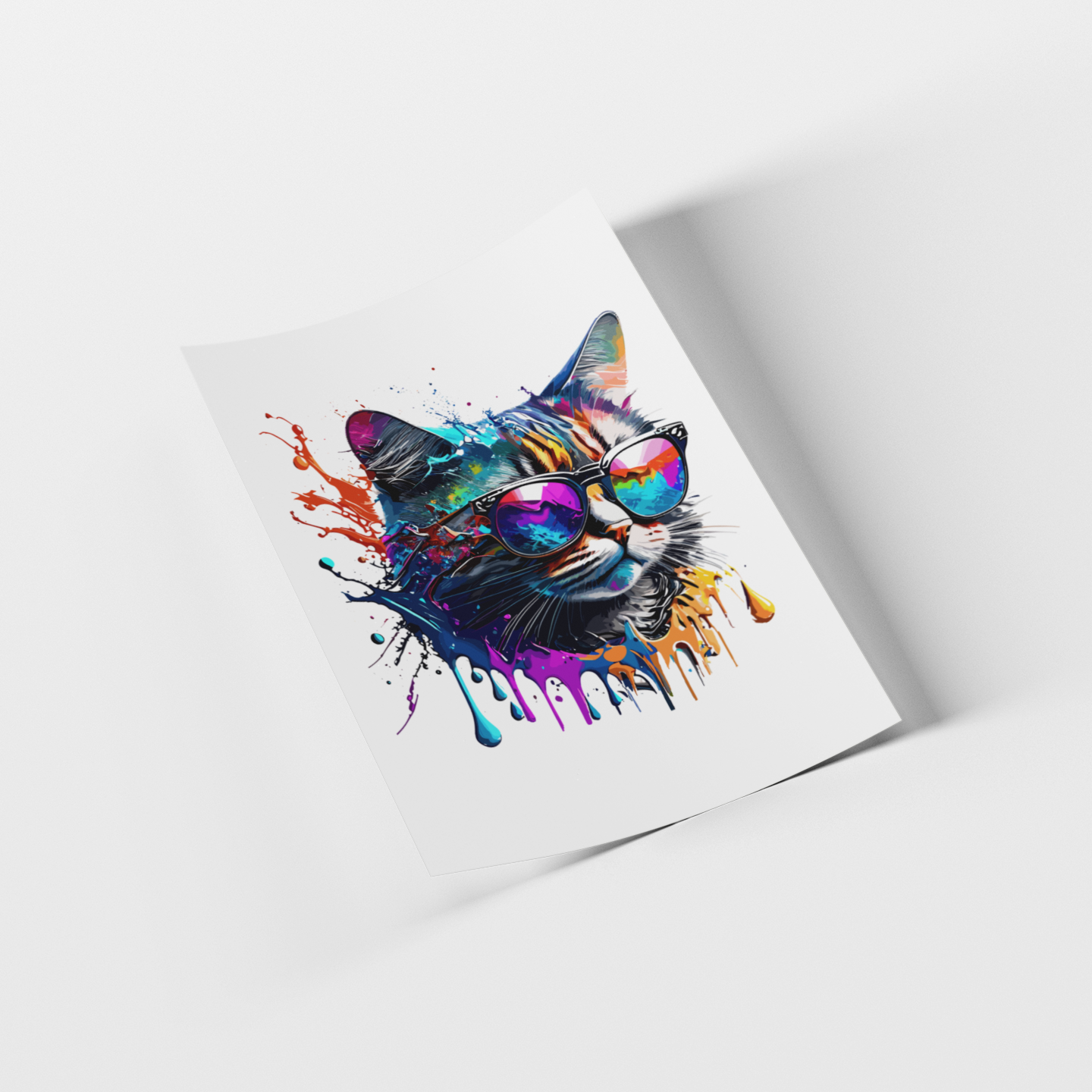 Colorful abstract painting of a cat wearing sunglasses on a white background