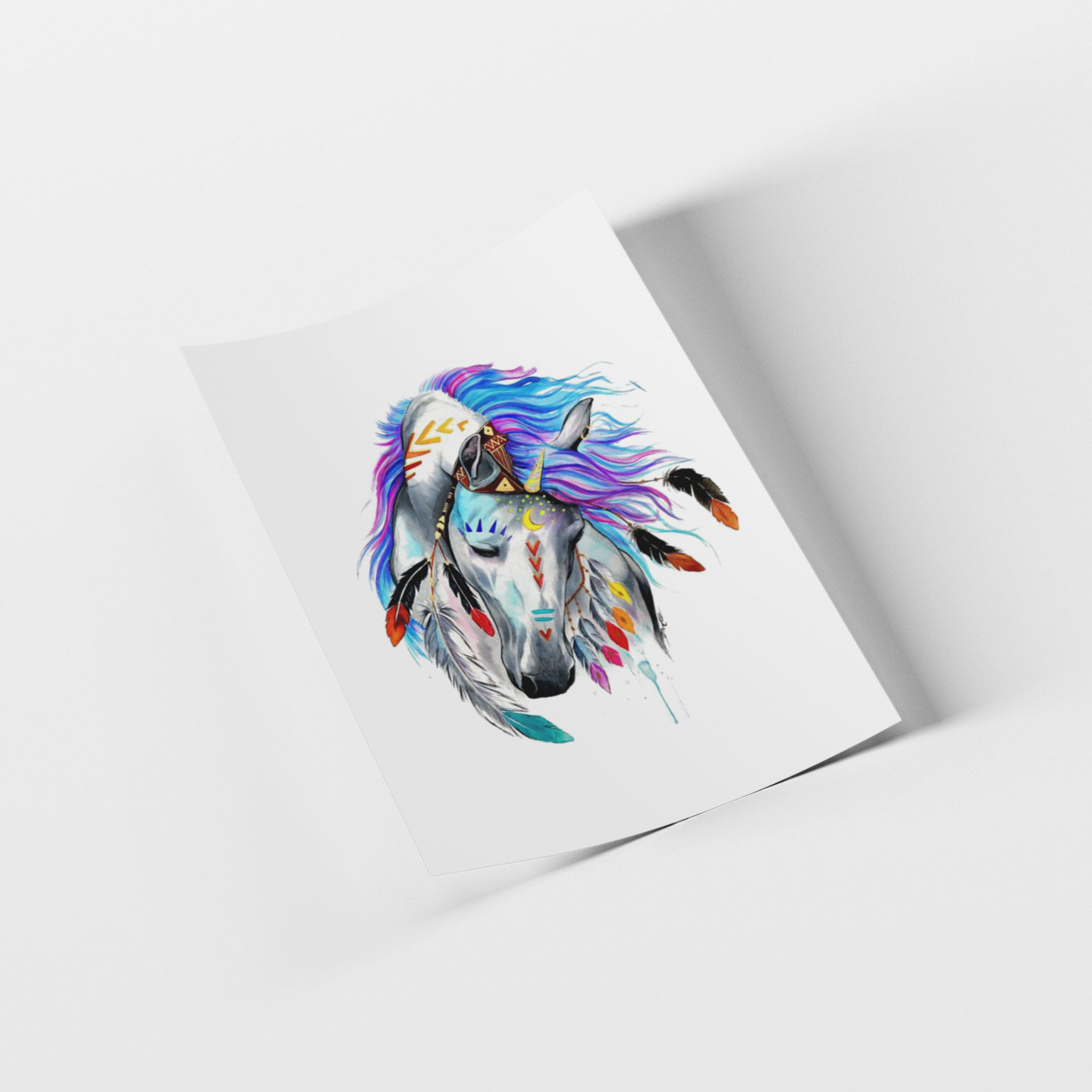 Colorful horse illustration on a white card with a gray background