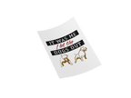 A white rectangular sticker or sign shown at an angle on a white background, printed with the phrase 'IT WAS ME I let the DOGS OUT' in black and red text, plus two brown dog illustrations.