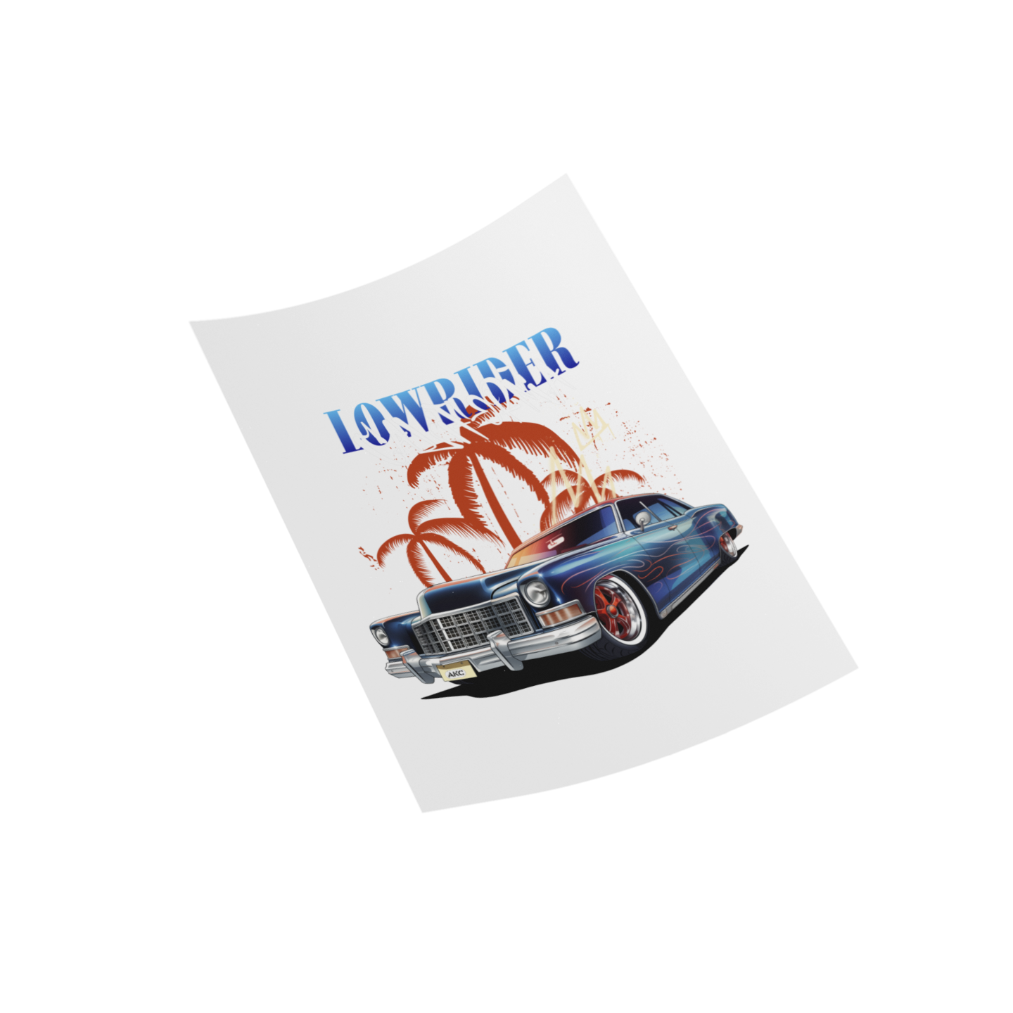 Poster with a classic car design and 'Lowrider' text on a white background