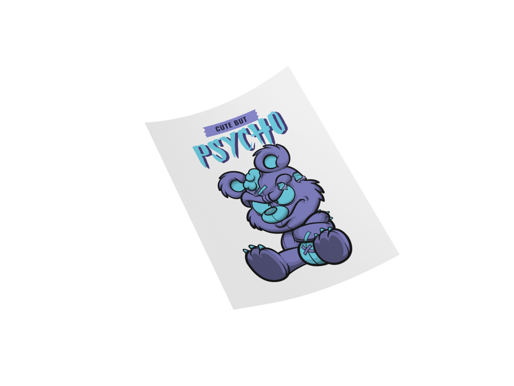 A die-cut sticker featuring a cute purple cartoon bear with blue accents and the text 'CUTE BIT CHU PSYCHO' on a white background.