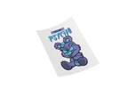 A die-cut sticker featuring a cute purple cartoon bear with blue accents and the text 'CUTE BIT CHU PSYCHO' on a white background.