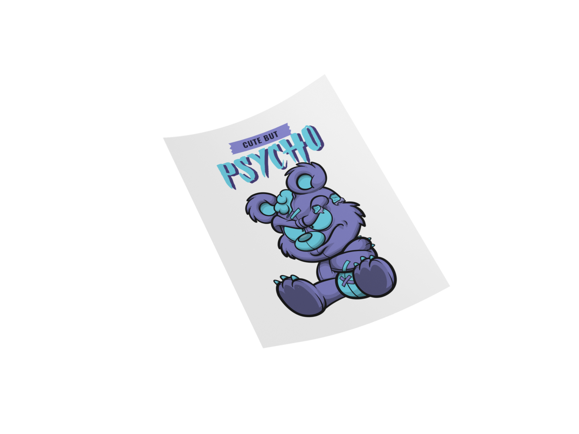 A die-cut sticker featuring a cute purple cartoon bear with blue accents and the text 'CUTE BIT CHU PSYCHO' on a white background.
