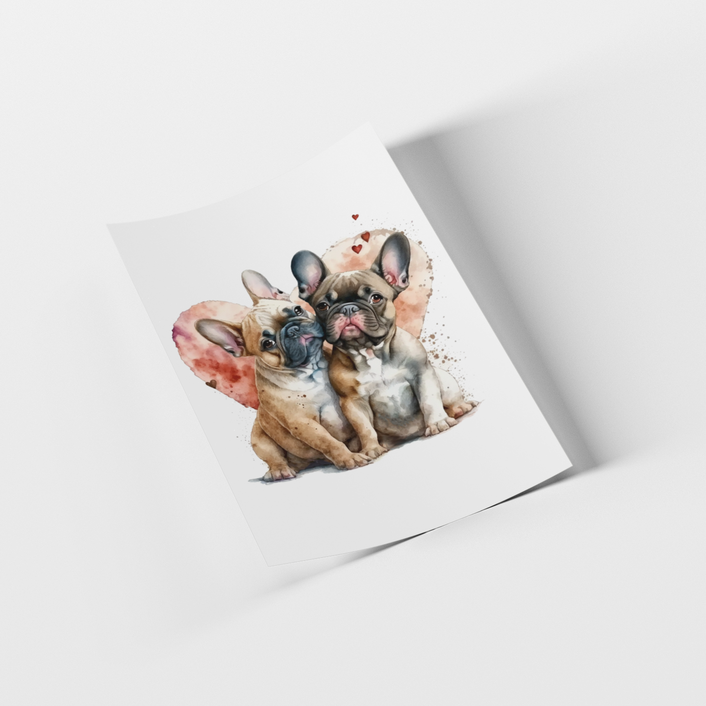 Card with two cartoon dogs and a heart on a white background