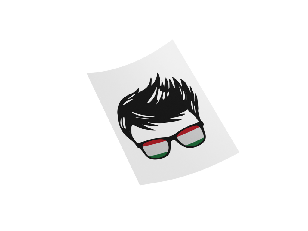 A stylized graphic of a person's hair and glasses with the Hungarian flag colors (red, white, and green) on the lenses, presented on a light gray tilted card against a white background.