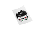 A stylized graphic of a person's hair and glasses with the Hungarian flag colors (red, white, and green) on the lenses, presented on a light gray tilted card against a white background.