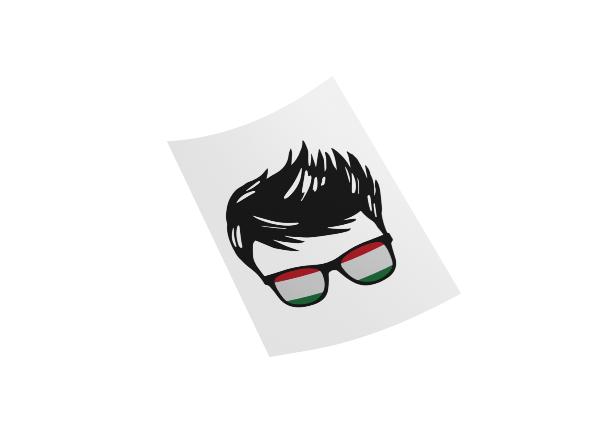 A stylized graphic of a person's hair and glasses with the Hungarian flag colors (red, white, and green) on the lenses, presented on a light gray tilted card against a white background.