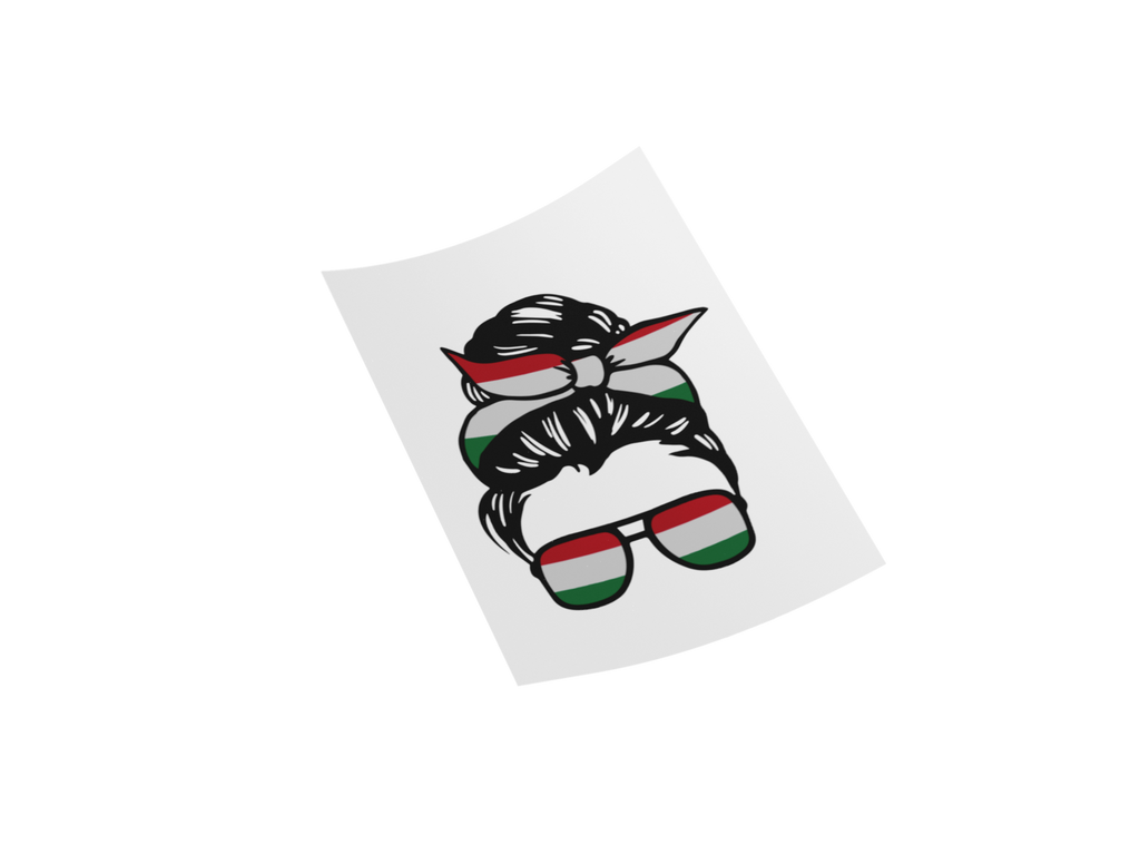A stylized graphic of a woman's hair styled in a high bun with a bow, wearing sunglasses and a headband decorated with the Hungarian flag colors (red, white, and green), shown on a white background.