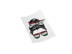 A stylized graphic of a woman's hair styled in a high bun with a bow, wearing sunglasses and a headband decorated with the Hungarian flag colors (red, white, and green), shown on a white background.
