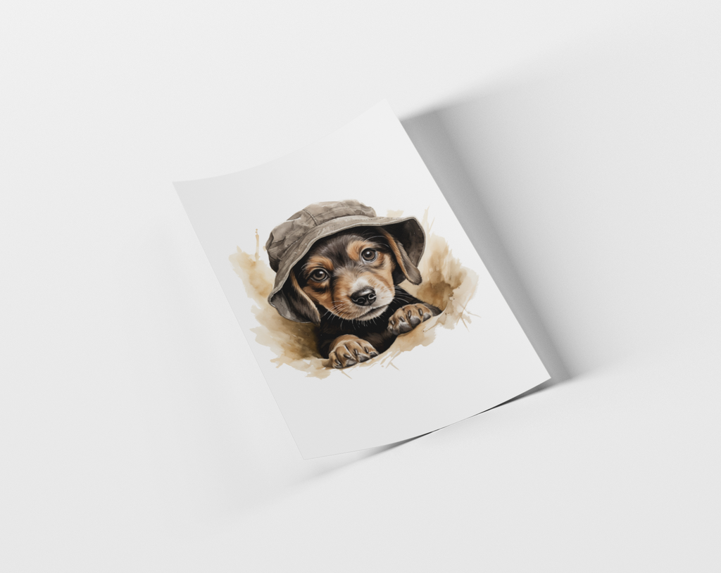 Card with a dog wearing a hat on a white background