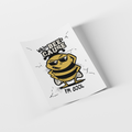 Cartoon bee with sunglasses and text on a white background