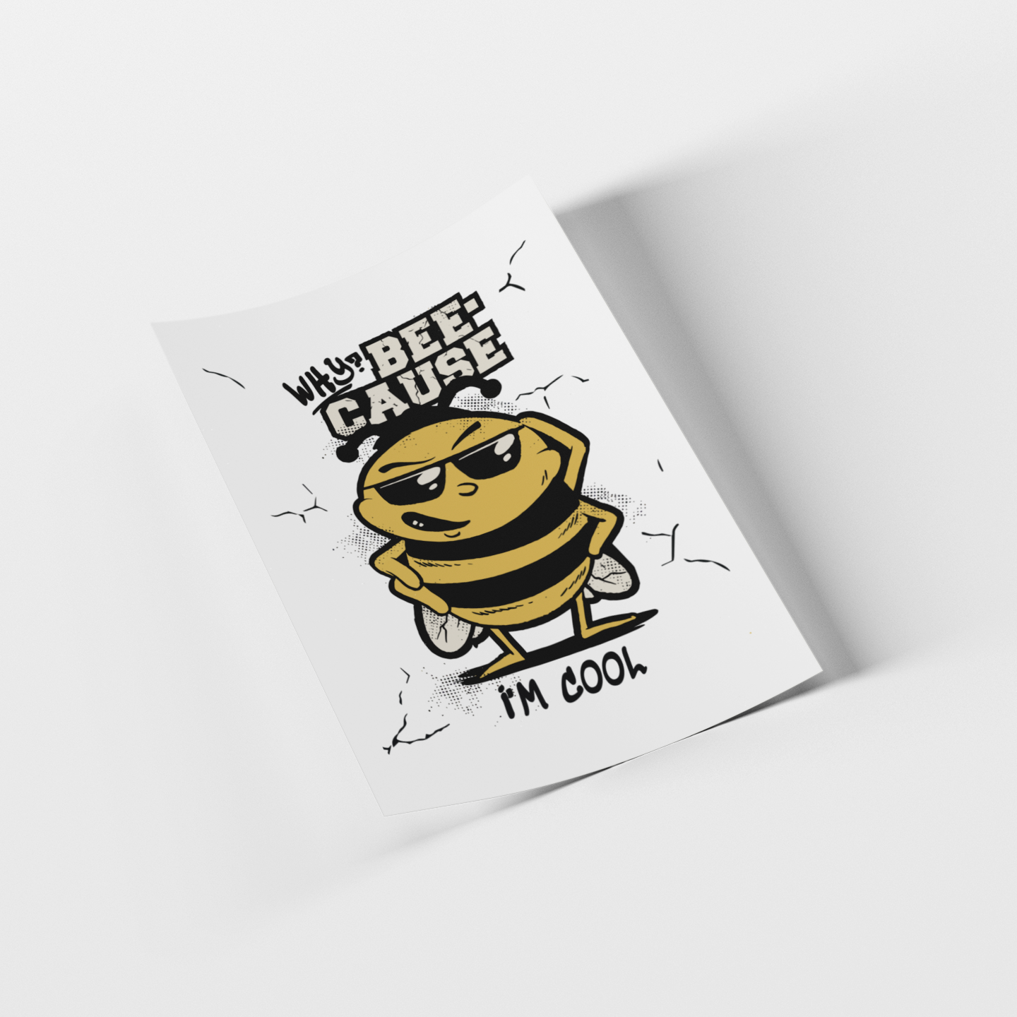 Cartoon bee with sunglasses and text on a white background