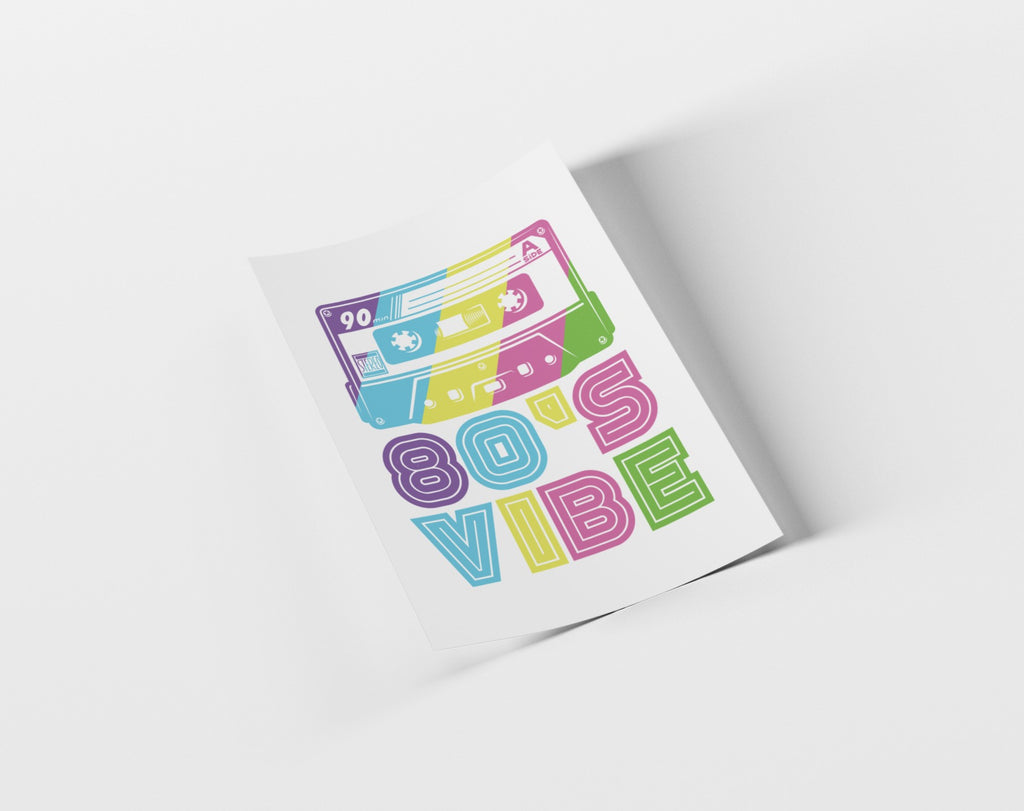 Greeting card with '80s Vibe' design featuring a cassette tape on a white background